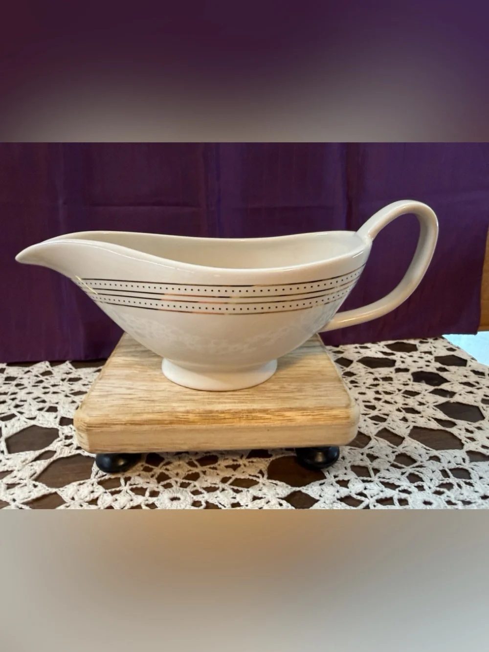 West Elm Cream Ceramic Gravy Boat with Black Dot Band